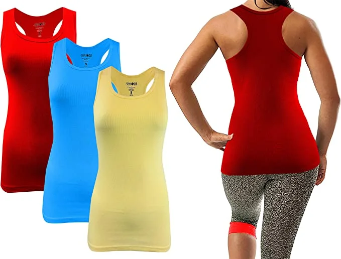 Stylish Outerwear Clothes For Women Sumona Ribbed Sleeveless Racerback Tank Tops | Light Blue/Yellow/Red - 3 Pack