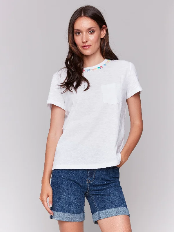 Sustainable Women's Clothing Embroidered Neckline Cotton T-Shirt - White