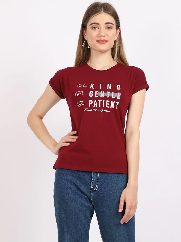 The Latest Trends Women's Casual Regular Short Sleeve Wine Round neck Typographic Print T-Shirt