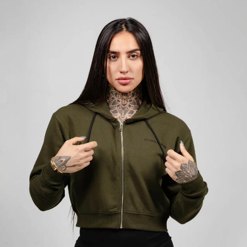 Trendy Threads Cropped Zip-Up Hoodie - OD Green/Black