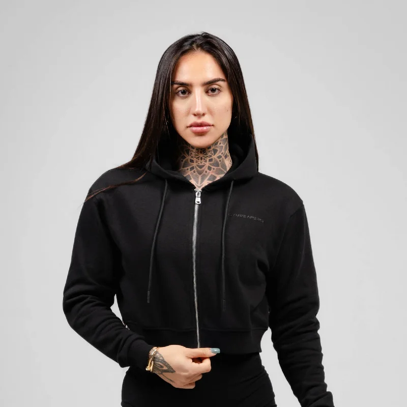 Stay Ahead In Style Cropped Zip-Up Hoodie - Black/Black