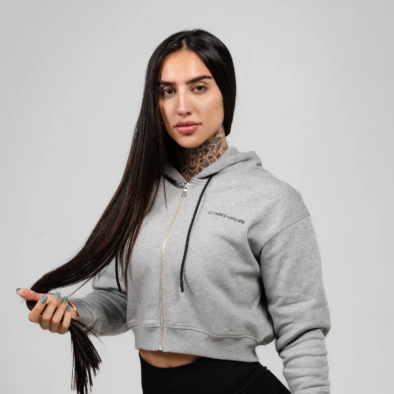 Unleash Your Trendy Side Cropped Zip-Up Hoodie - Heather Gray