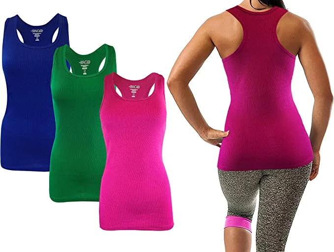 Casual Chic Women's Clothes Sumona Ribbed Sleeveless Racerback Fuchsia/Green/Royal Blue Tank Tops (3 Pack )