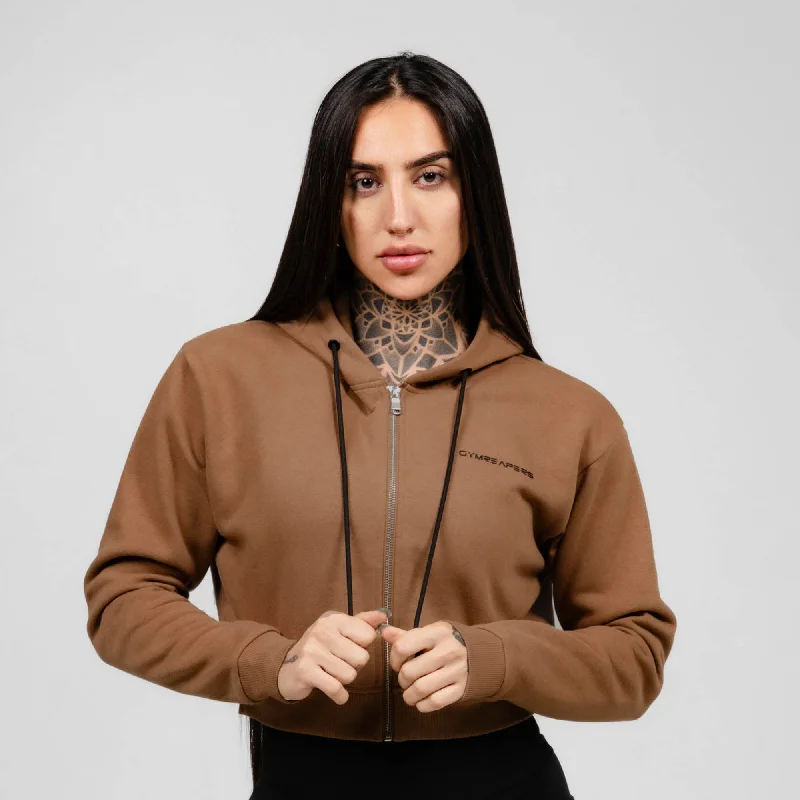 Women's Party Outfit Cropped Zip-Up Hoodie - Caramel