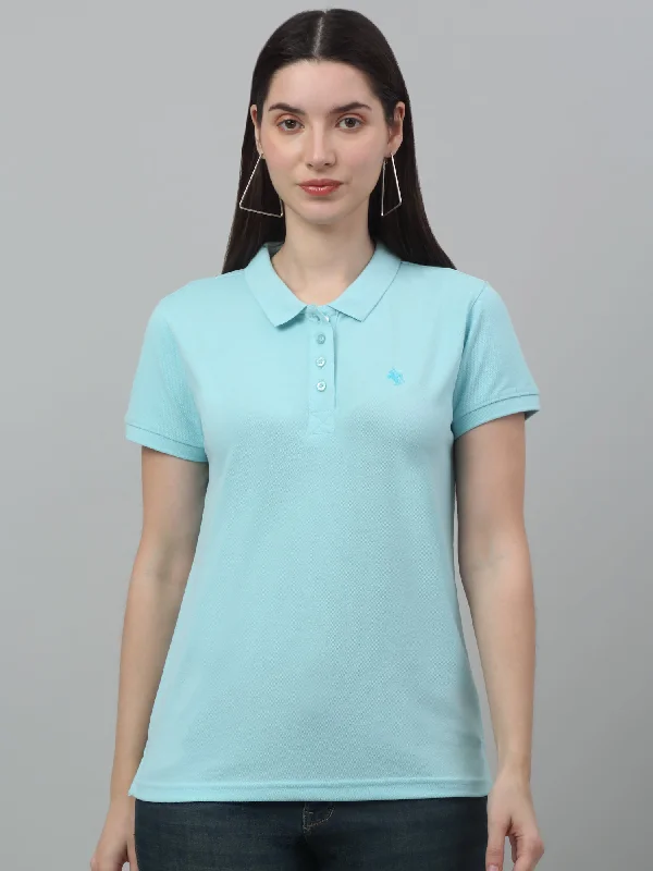 Comfortable Outfit For Women Women's Casual Regular Short Sleeve Aqua Polo neck  T-Shirt