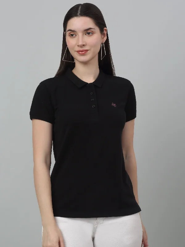 Women's Vintage-Inspired Outfit Women's Casual Regular Short Sleeve Black Polo neck  T-Shirt