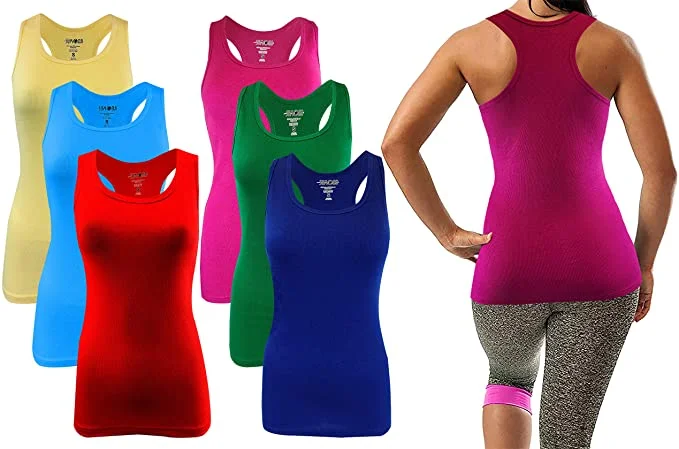 Vintage-Inspired Women's Clothes Sumona Ribbed Sleeveless Racerback Colorful Tank Top  6 Pack