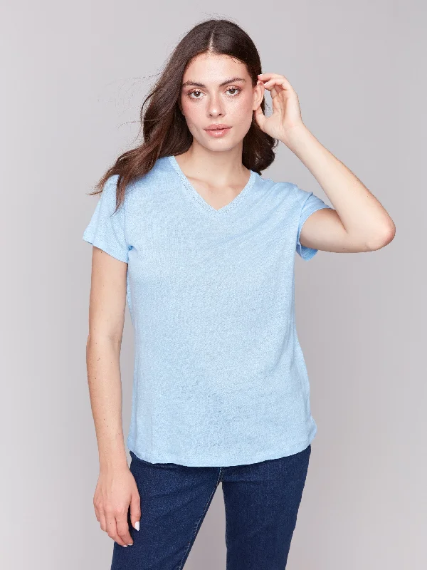 Vintage Style Deals Linen Blend V-Neck T-Shirt - Bluebell