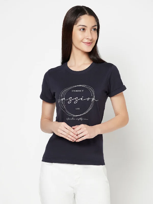 Huge Price Cut Women's Casual Regular Short Sleeve Navy Blue Round neck Graphic Print T-Shirt