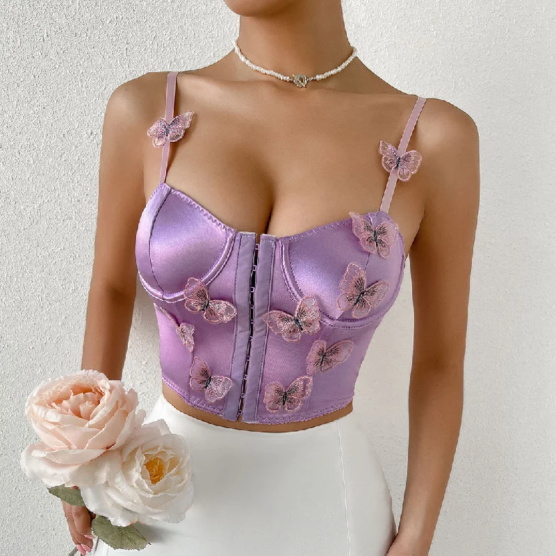 Vintage-Inspired Garments Butterfly Applique Hook and Eye Classic Silky Satin Corset Top - Champagne