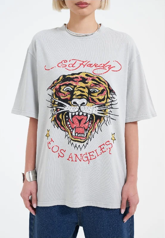 Chic Clothing For Women Womens La Tiger Vintage Diamante Tshirt - Grey