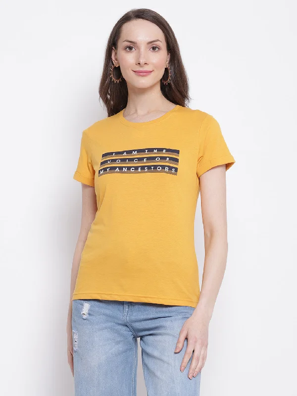 Seasonal Picks Women's Casual Regular Short Sleeve Mustard Round neck Typographic Print T-Shirt