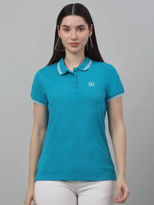 Fashion Forward Women's Casual Regular Short Sleeve Blue Polo neck  T-Shirt