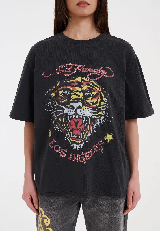 Feminine Style Promotions Womens La-Tiger-Vintage Tshirt Top - Black