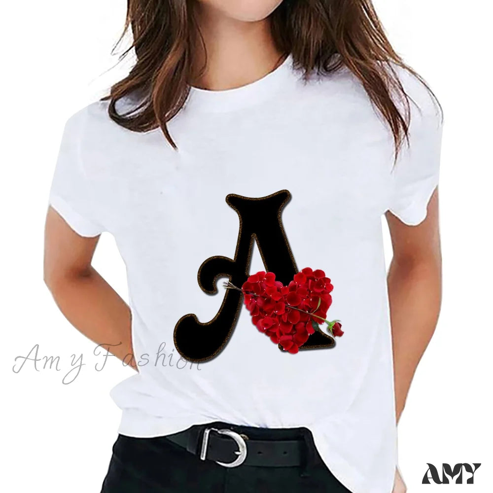 Hot Items Amy Fashion - Flower Letter Font Short Sleeve Ladies T-Shirt