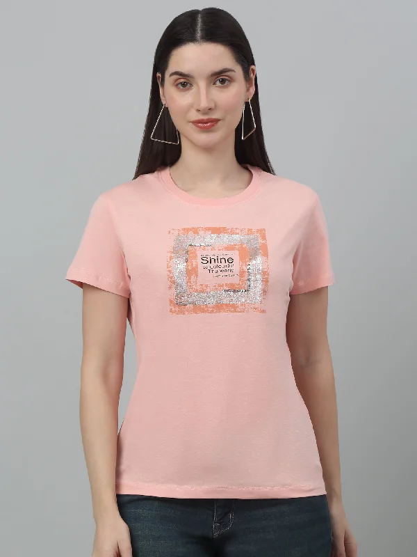 Flash Sale, Don'T Miss Women's Pink Printed Sequence Work Round Neck Casual T-shirt For Summer