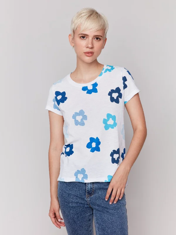 Formal Clothing For Women Printed Organic Cotton Slub T-Shirt - Blue Floral