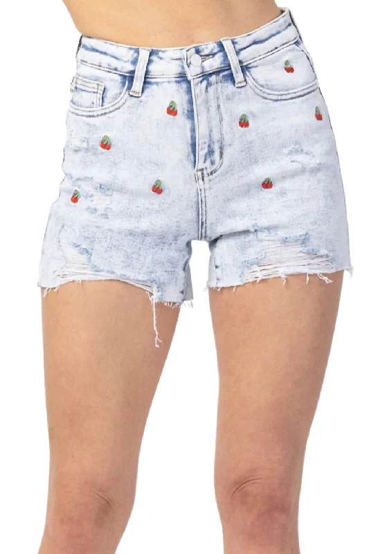 Daring Fashion Promotions Cherry Embroidery High Rise Cut-Off Short In Acid Wash