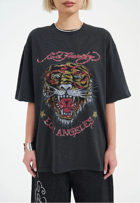 Women's Casual Wear Clothing Womens La Tiger Vintage Diamante Tshirt - Black