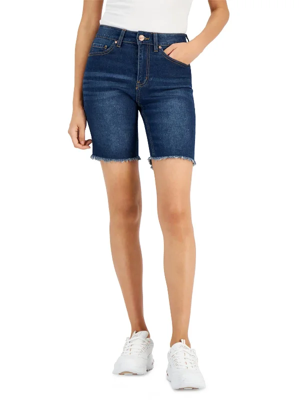 Women's Clothing Apparel Sets Juniors Womens Dark Wash Raw Hem Bermuda Shorts