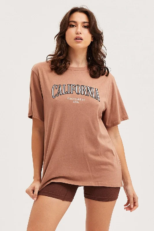 Classic Chic Deals Brown Graphic T Shirt Embroided