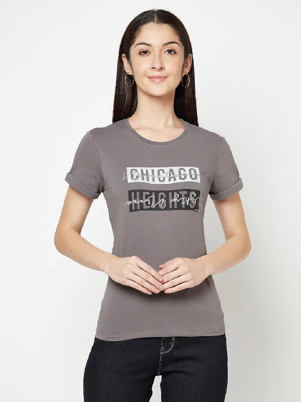 Unbeatable Deals Women's Casual Regular Short Sleeve Grey   Round neck Typographic Print T-Shirt