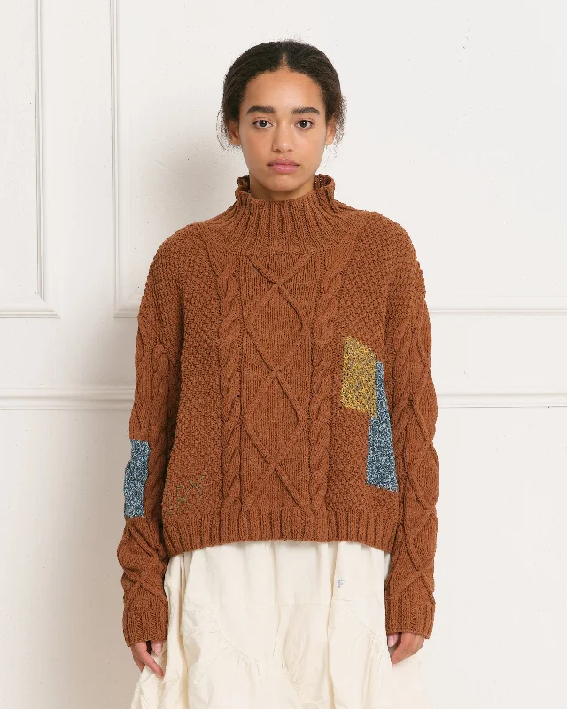 Minimalist Fashion Sale Cable Funnel Neck - Brown Darn Knit