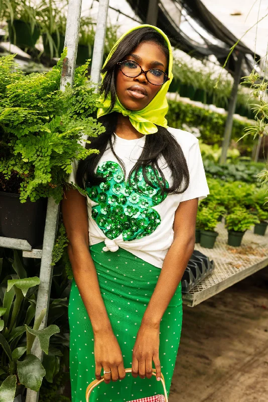 Women's Holiday Attire White & Green Sequin Flower Shamrock Tee