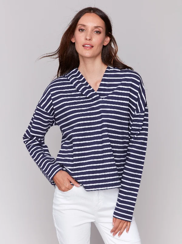 Easy Elegance Sales Striped French Terry Hoodie - Navy & White