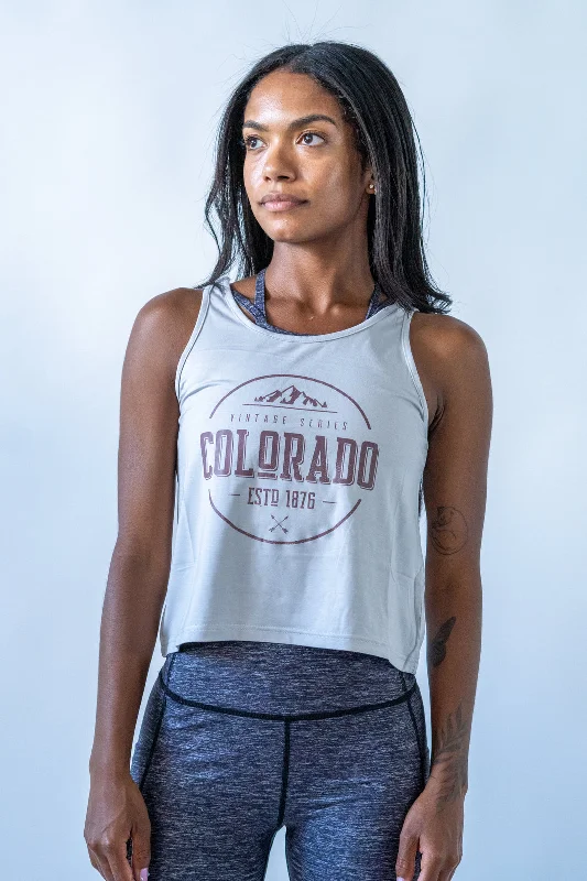 Women's Clothing For Holiday Travel Colorado Vintage Series Crop Top Grey