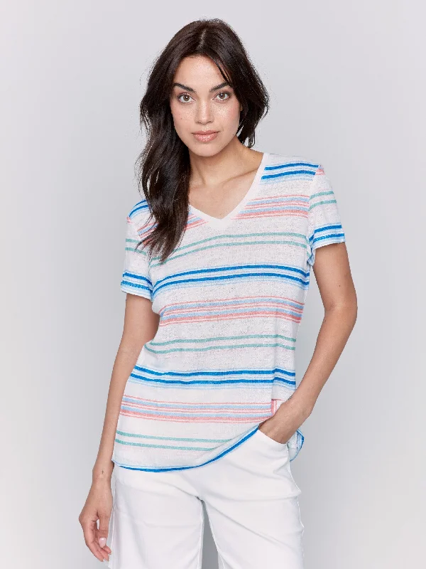 Casual Chic Clothing For Women Striped Linen Blend V-Neck T-Shirt - Lilypad