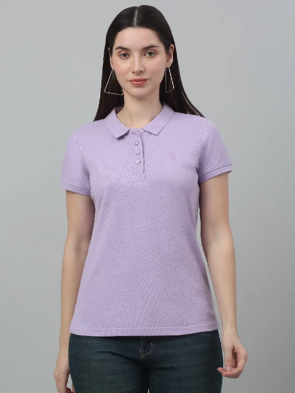 Affordable Women's Outfit Women's Casual Regular Short Sleeve Lavender Polo neck  T-Shirt