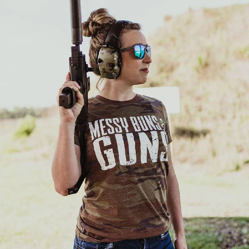 Women's Stylish Professional Garments Women's Messy Buns & Guns T-Shirt - Woodland Camo