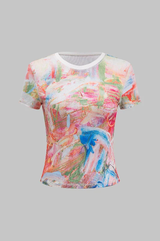 Casual Outfit For Women Contrast Abstract Print Short Sleeve T-Shirt