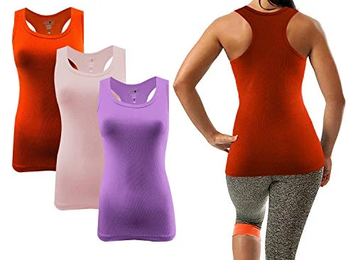 Women's Clothes For The Office Sumona Ribbed Sleeveless Racerback L. Pink/Orange/L. Purple Tank Tops (3 Pack )