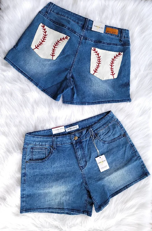 Style Revolution Baseball Pocket Denim Shorts In Medium Wash