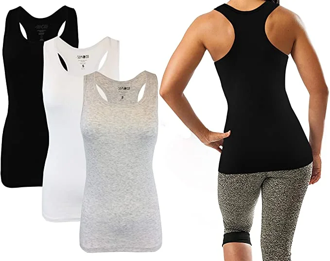 Women's Sporty Chic Clothes Sumona Women Black/White/Grey 3 Pack Racerback Tank Tops