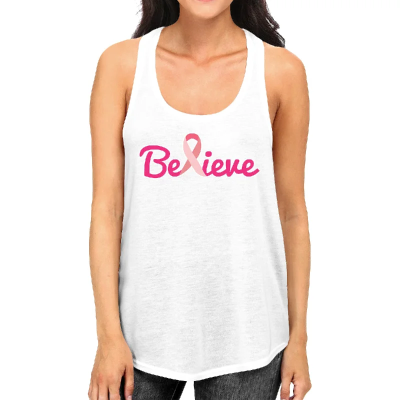 Women's Clothing For Outdoor Events Believe Breast Cancer Awareness Womens White Tank Top