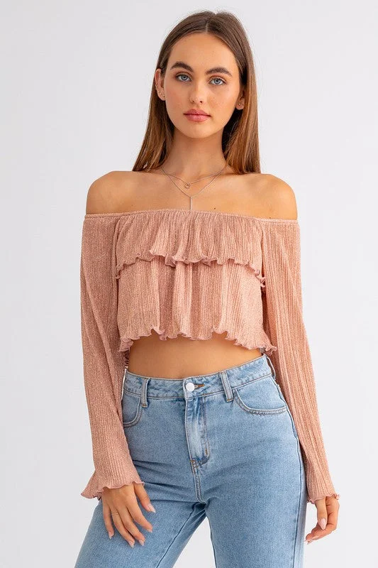 Flash Sale Fever Rose Gold Shimmer Off Shoulder Tiered Top - Medium - Final Sale