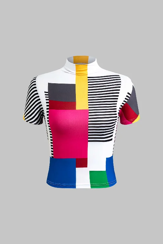 Women's High-Fashion Attire Color Block Patchwork Mock Neck T-shirt