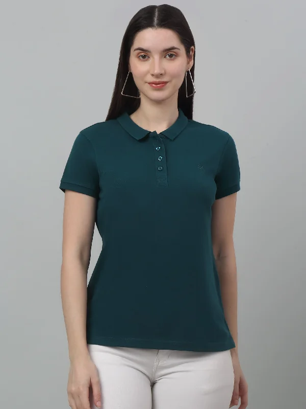 Style Revolution Women's Casual Regular Short Sleeve Teal Polo neck  T-Shirt