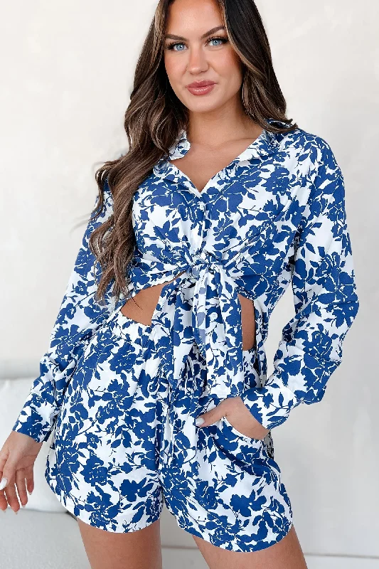 Women's Date Night Outfit Blooming With Bliss Floral Button-Down Shirt & Shorts Set (Blue)