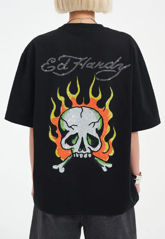 Women's Evening Apparel Womens Skull Flame Diamante Tshirt - Black