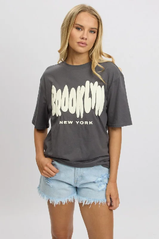 High-Fashion Women's Clothing Grey Graphic Tee Short Sleeve