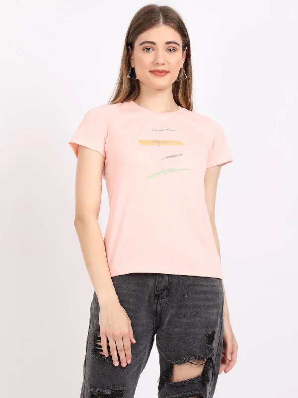 Special Offers, Don't Miss Women's Casual Regular Short Sleeve Pink Round neck Typographic Print T-Shirt