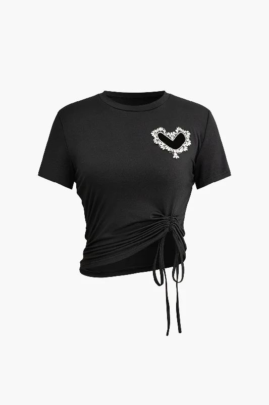 Get The Latest Trends Heart Rhinestone Hollow Out Drawstring Ruched T-shirt