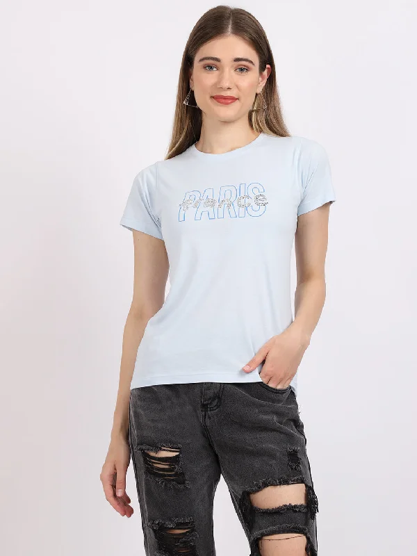 Women's Weekend Outfit Women's Casual Regular Short Sleeve Sky Blue Round neck Typographic Print T-Shirt